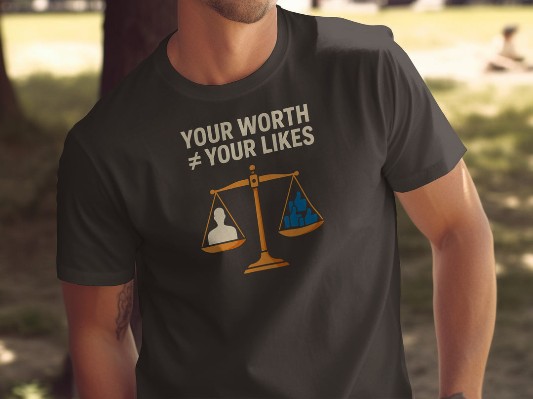 your worth not your likes t-shirt with balance scale graphic — men’s tee
