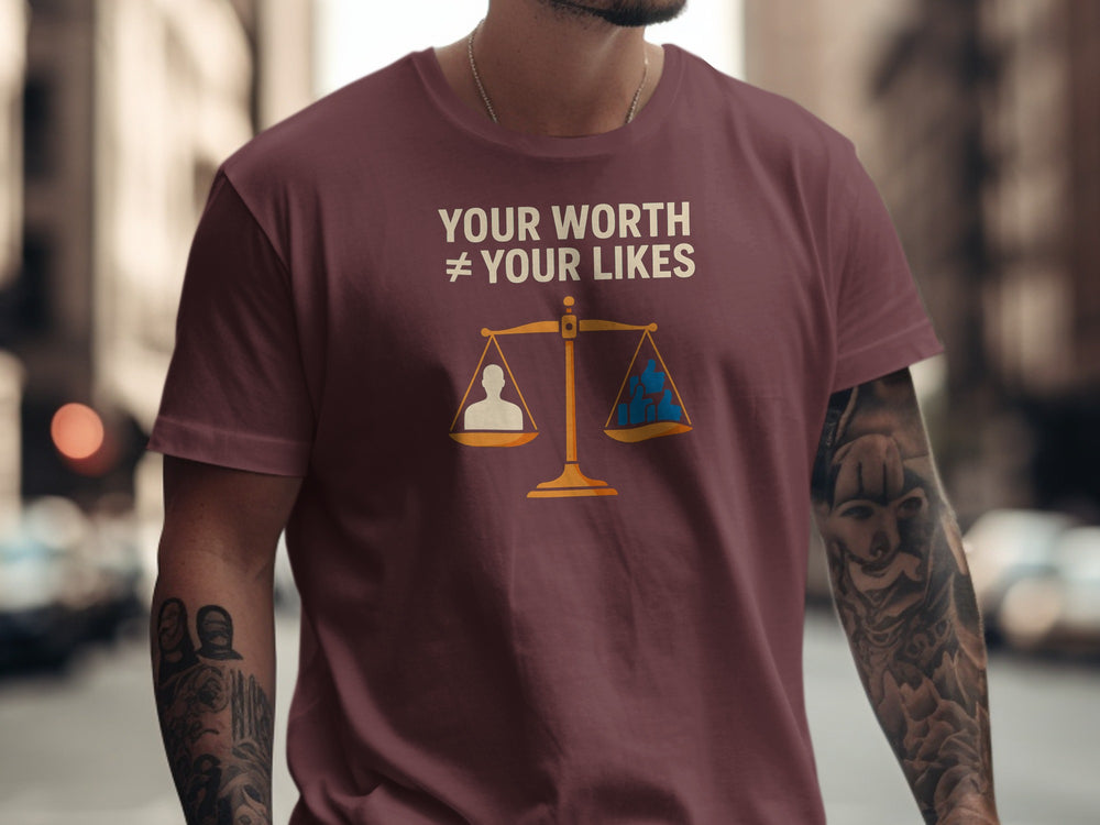 your worth not your likes t-shirt with balance scale graphic — men’s tee