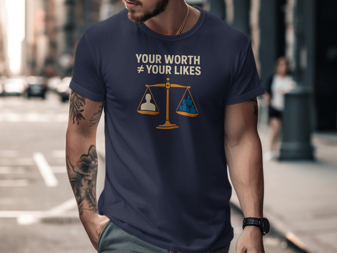 your worth not your likes t-shirt with balance scale graphic — men’s tee