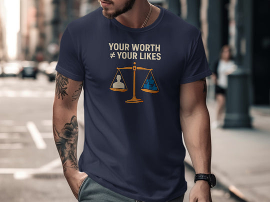 your worth not your likes t-shirt with balance scale graphic — men’s tee