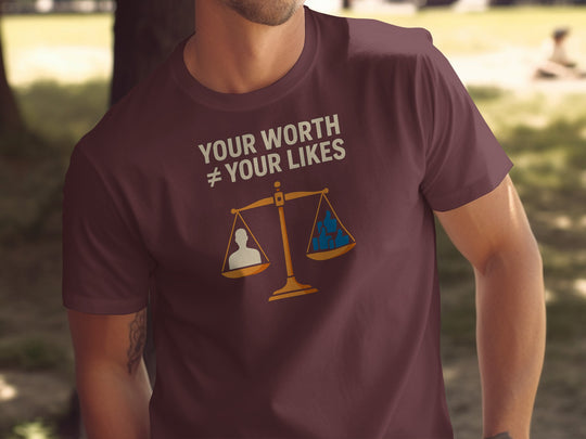 your worth not your likes t-shirt with balance scale graphic — men’s tee