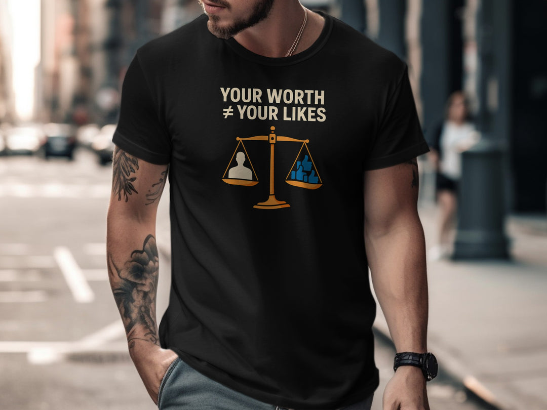 your worth not your likes t-shirt with balance scale graphic — men’s tee