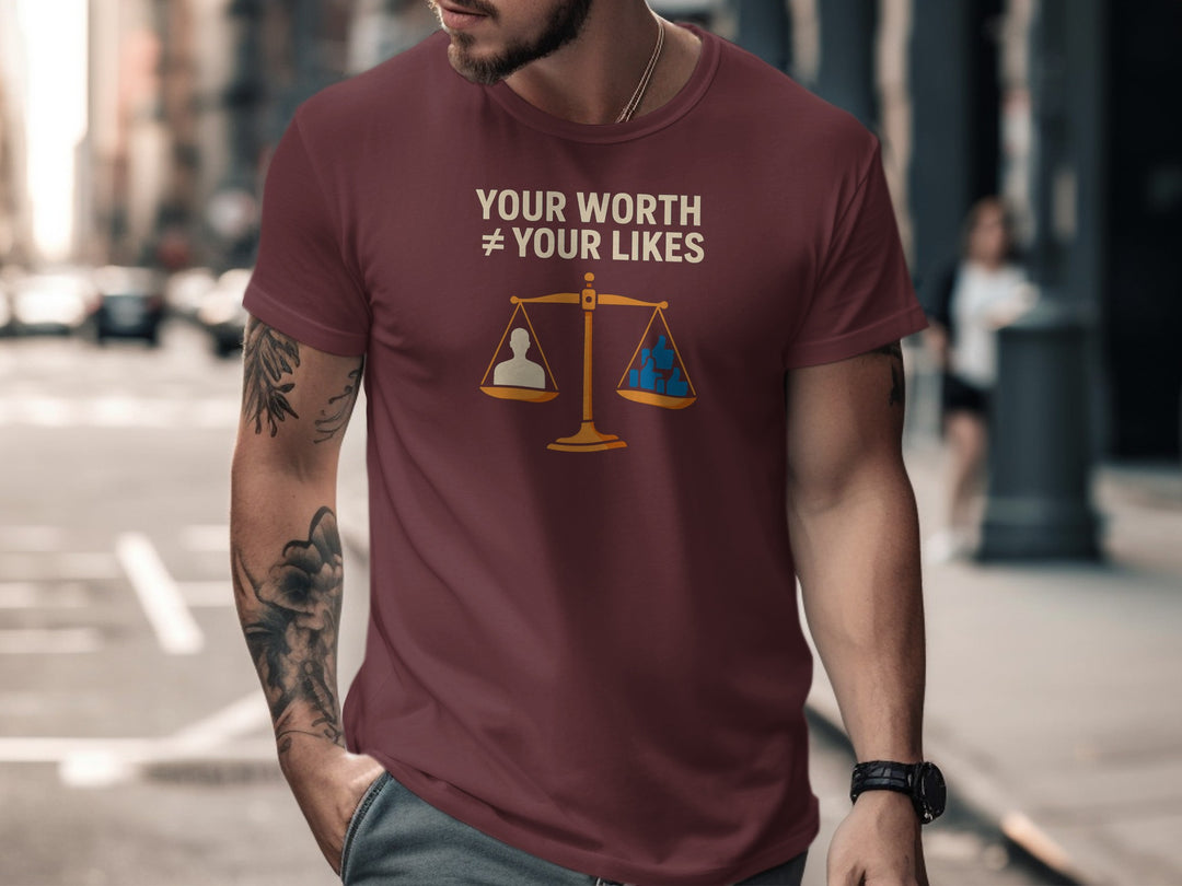 your worth not your likes t-shirt with balance scale graphic — men’s tee