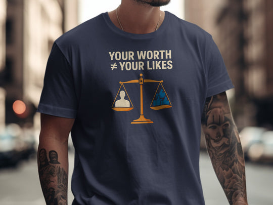 your worth not your likes t-shirt with balance scale graphic — men’s tee