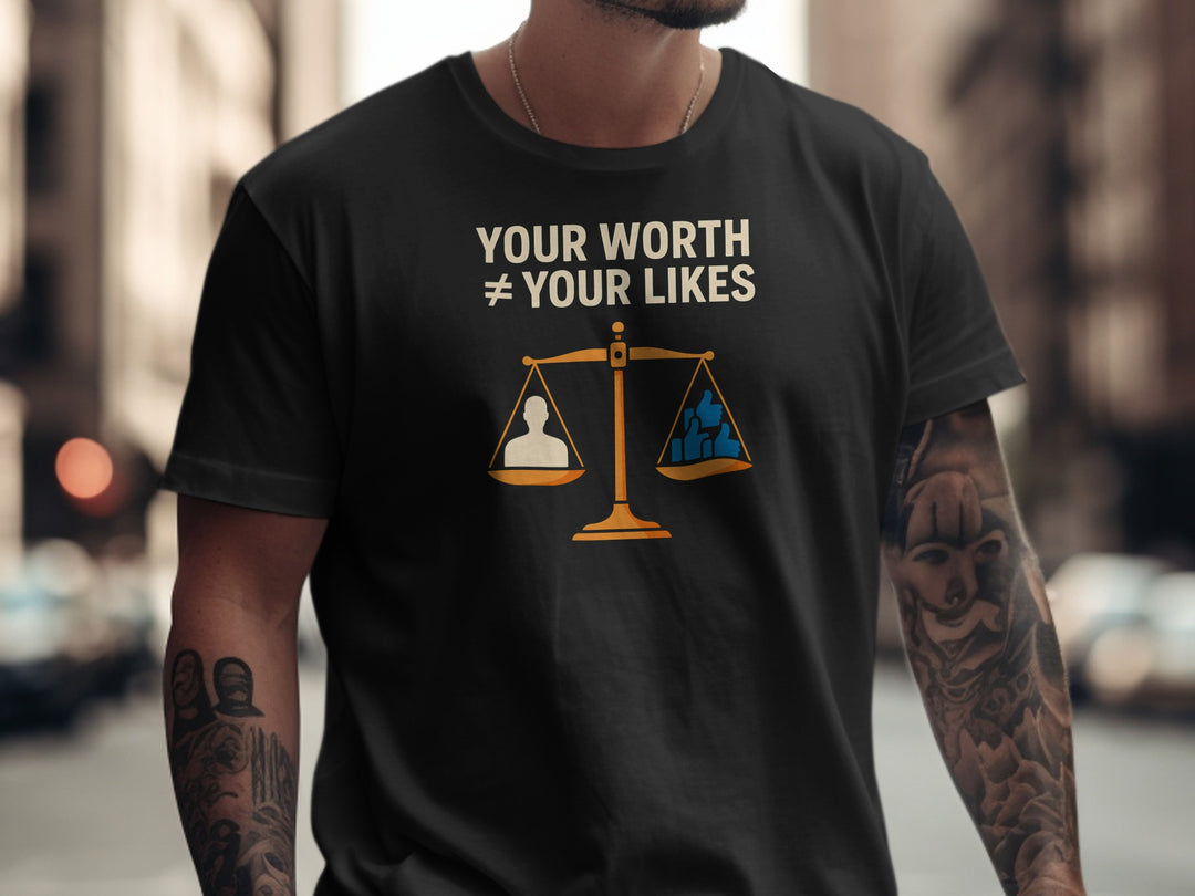your worth not your likes t-shirt with balance scale graphic — men’s tee