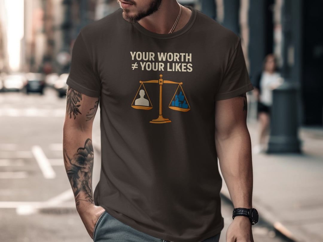 your worth not your likes t-shirt with balance scale graphic — men’s tee