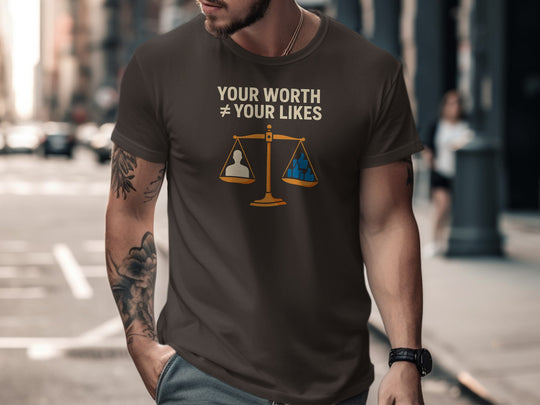 your worth not your likes t-shirt with balance scale graphic — men’s tee