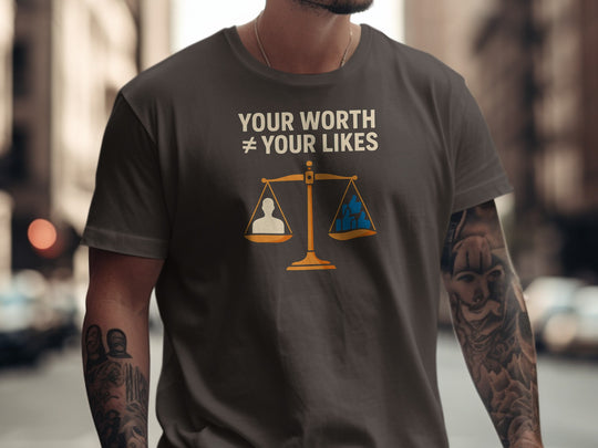 your worth not your likes t-shirt with balance scale graphic — men’s tee