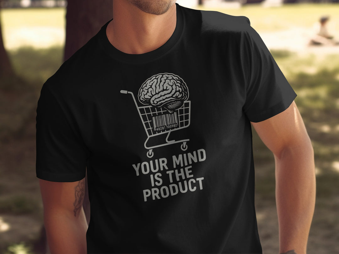 your mind is the product t-shirt with barcode brain in cart — men’s graphic tee