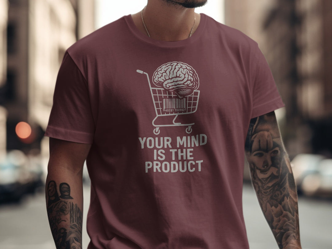 your mind is the product t-shirt with barcode brain in cart — men’s graphic tee