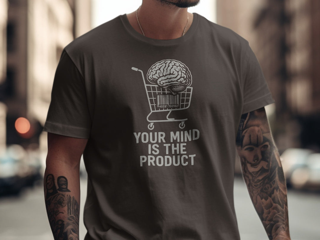your mind is the product t-shirt with barcode brain in cart — men’s graphic tee