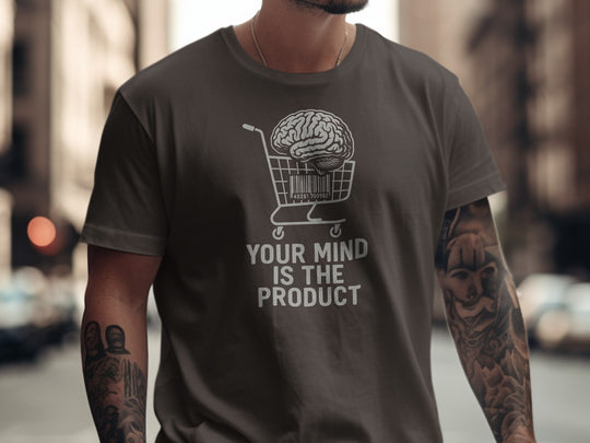 your mind is the product t-shirt with barcode brain in cart — men’s graphic tee