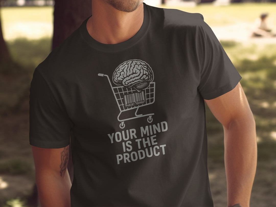 your mind is the product t-shirt with barcode brain in cart — men’s graphic tee