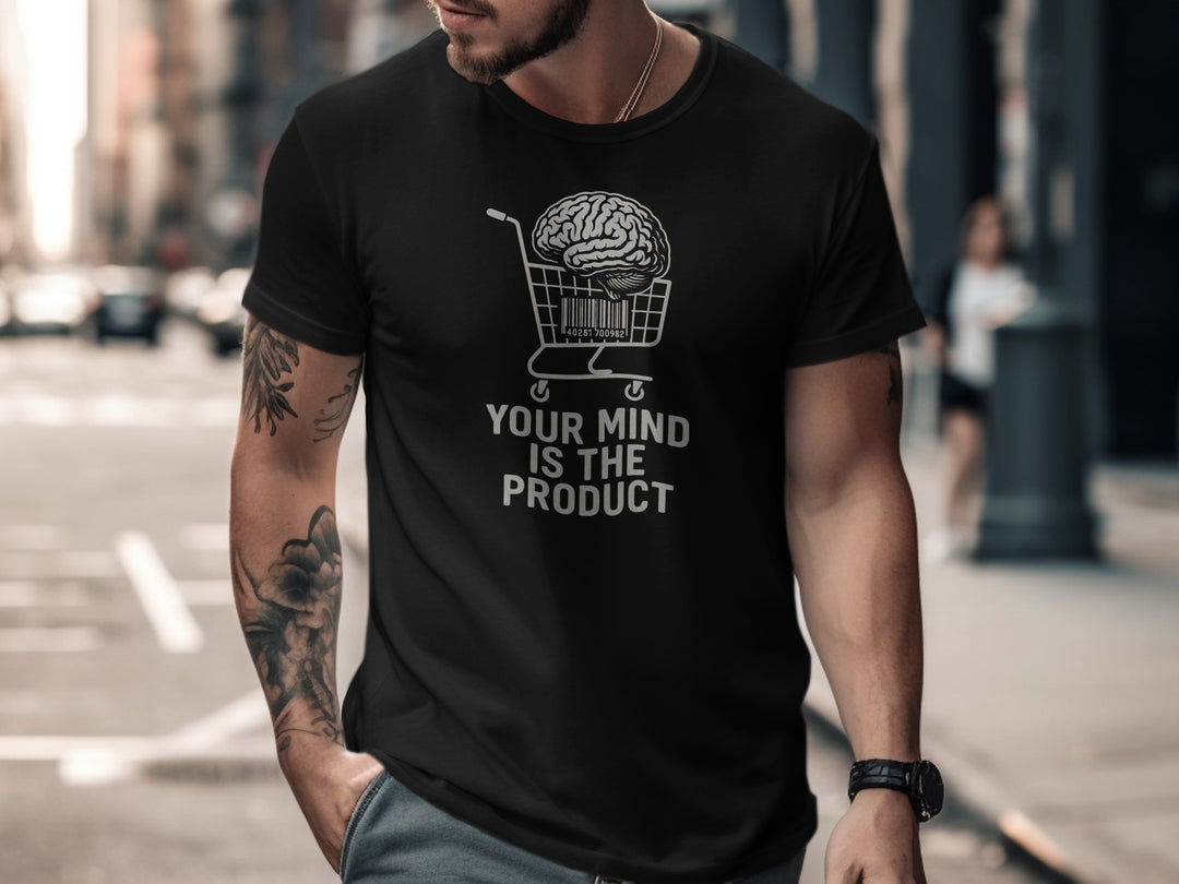 your mind is the product t-shirt with barcode brain in cart — men’s graphic tee