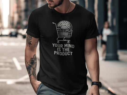 your mind is the product t-shirt with barcode brain in cart — men’s graphic tee