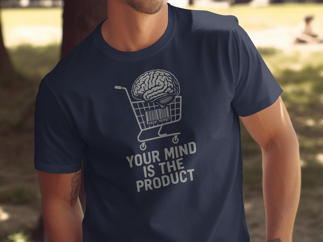 your mind is the product t-shirt with barcode brain in cart — men’s graphic tee