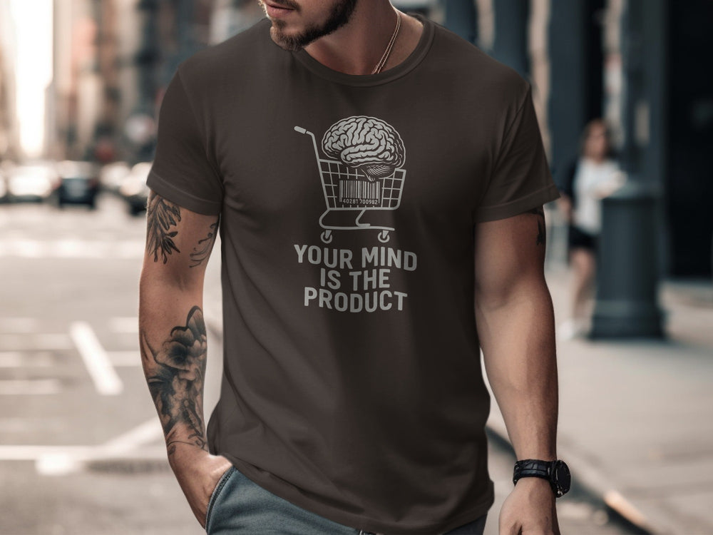 your mind is the product t-shirt with barcode brain in cart — men’s graphic tee