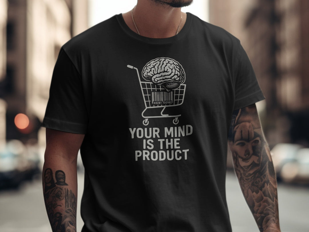 your mind is the product t-shirt with barcode brain in cart — men’s graphic tee