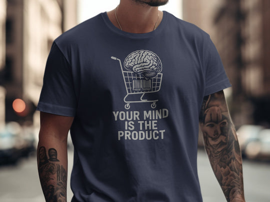 your mind is the product t-shirt with barcode brain in cart — men’s graphic tee
