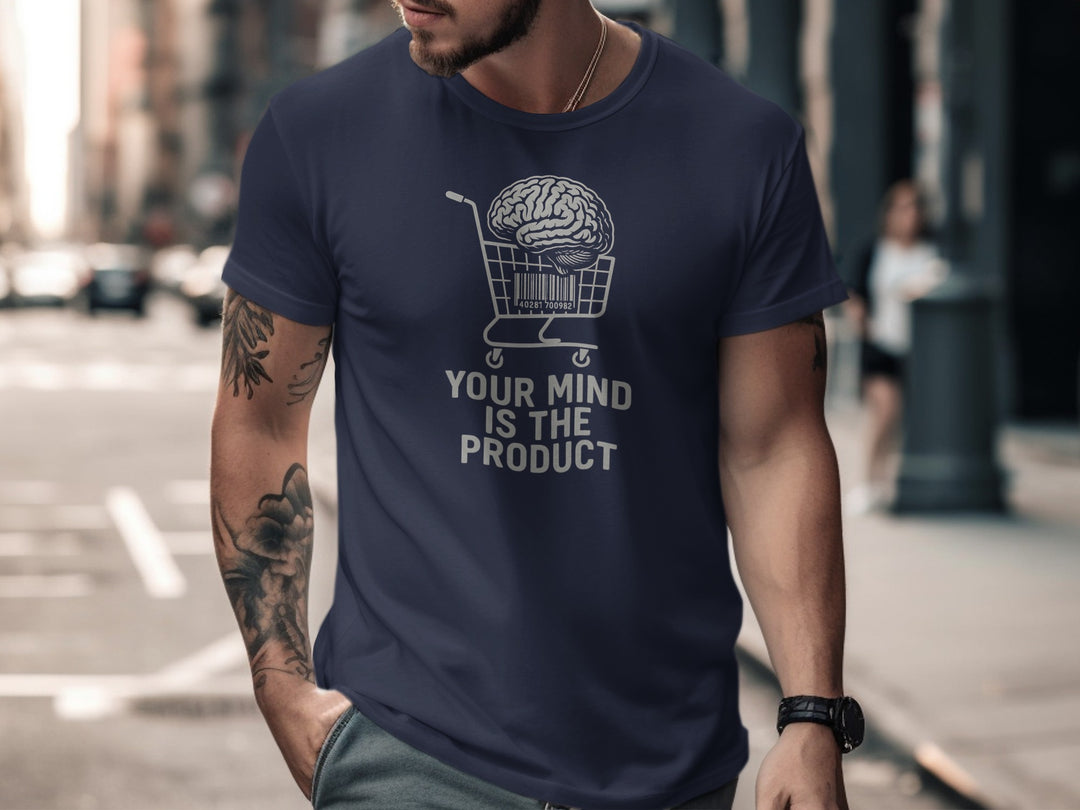 your mind is the product t-shirt with barcode brain in cart — men’s graphic tee
