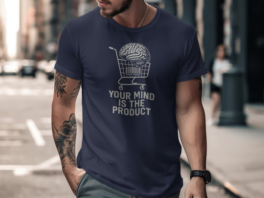 your mind is the product t-shirt with barcode brain in cart — men’s graphic tee