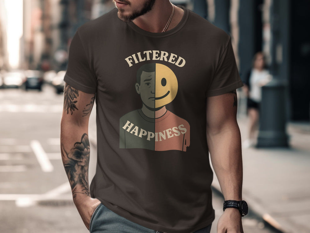 filtered happiness split face emoji graphic — men’s t-shirt