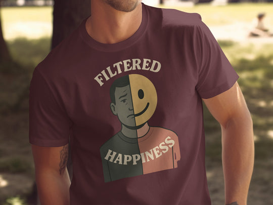 filtered happiness split face emoji graphic — men’s t-shirt