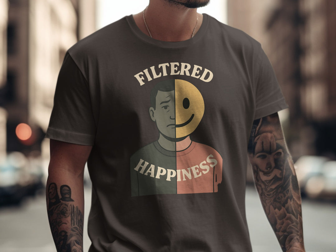 filtered happiness split face emoji graphic — men’s t-shirt