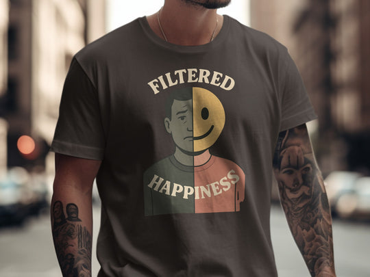 filtered happiness split face emoji graphic — men’s t-shirt