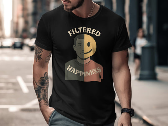 filtered happiness split face emoji graphic — men’s t-shirt
