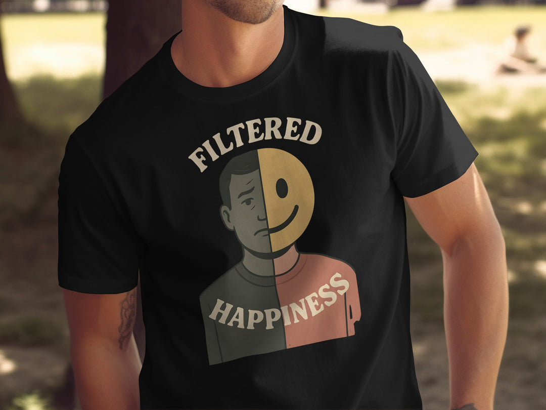 filtered happiness split face emoji graphic — men’s t-shirt