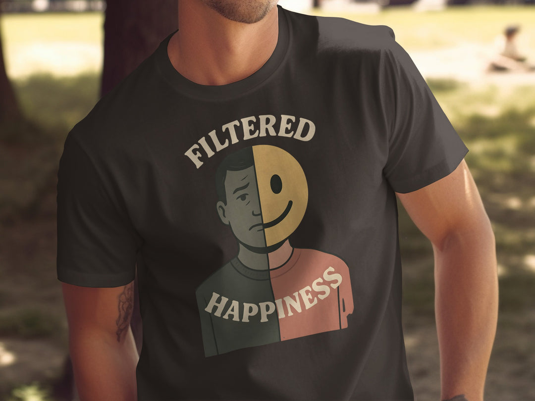 filtered happiness split face emoji graphic — men’s t-shirt
