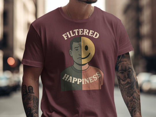 filtered happiness split face emoji graphic — men’s t-shirt