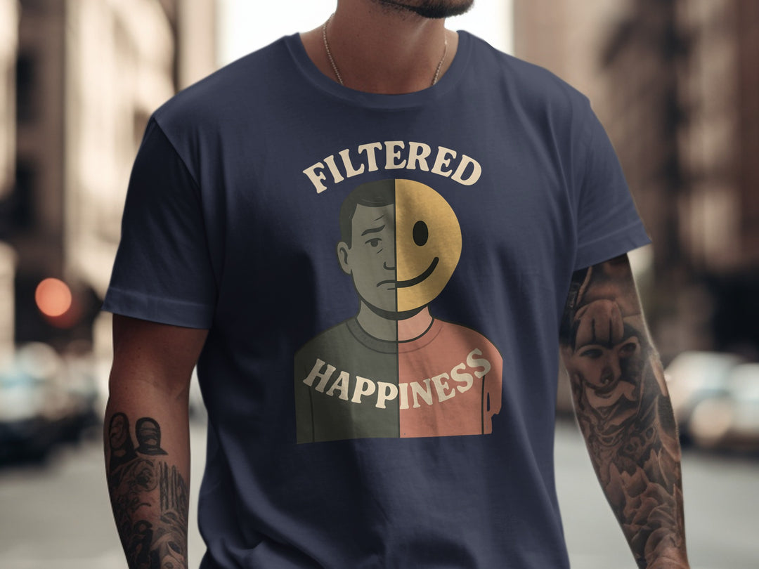 filtered happiness split face emoji graphic — men’s t-shirt