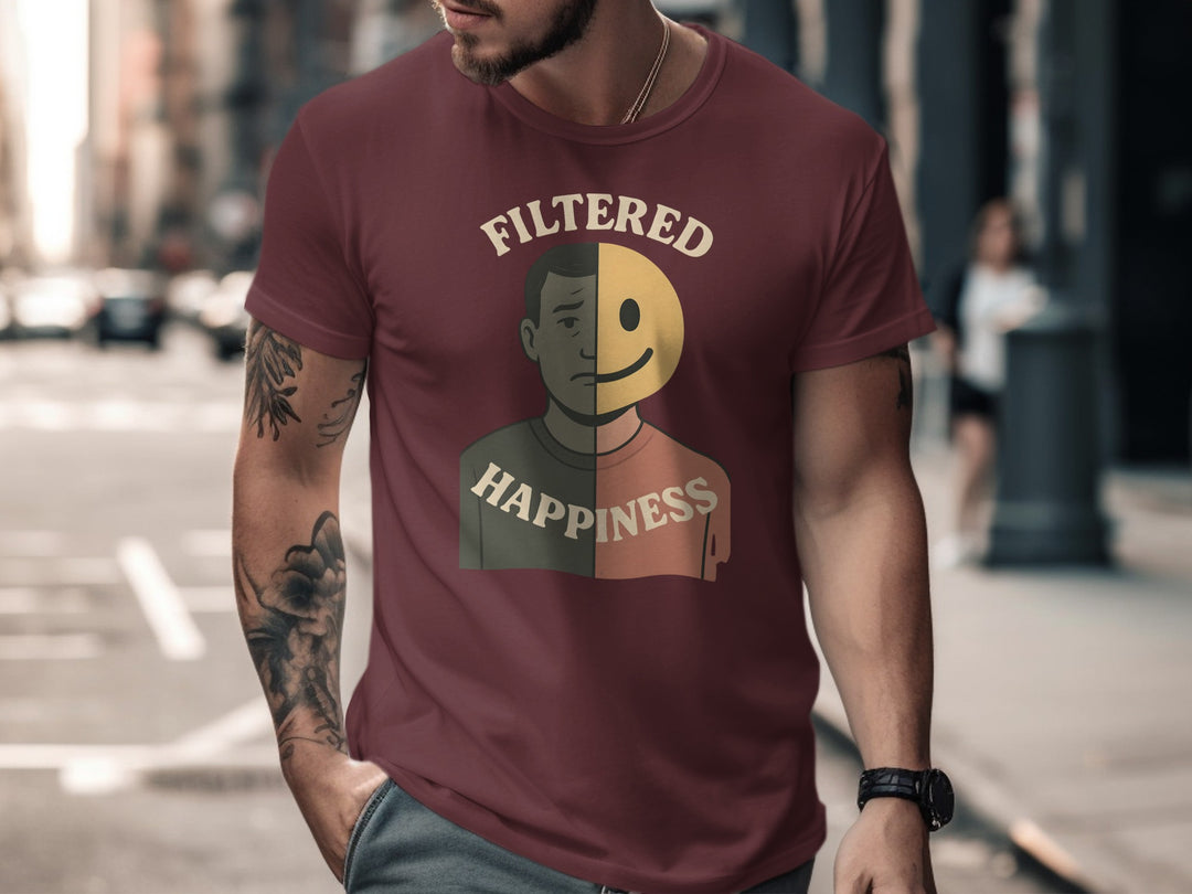 filtered happiness split face emoji graphic — men’s t-shirt