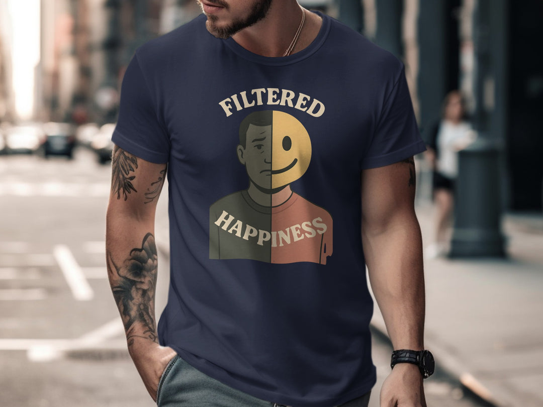 filtered happiness split face emoji graphic — men’s t-shirt