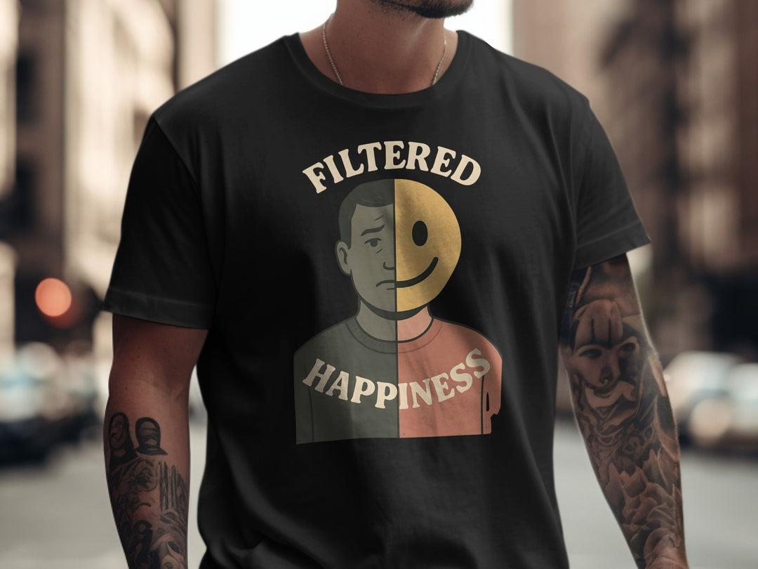 filtered happiness split face emoji graphic — men’s t-shirt