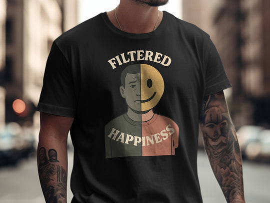 filtered happiness split face emoji graphic — men’s t-shirt
