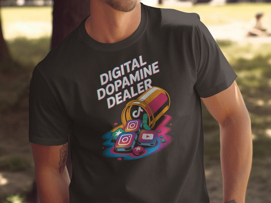 digital dopamine dealer t-shirt with pill bottle spilling app tiles — men’s graphic tee