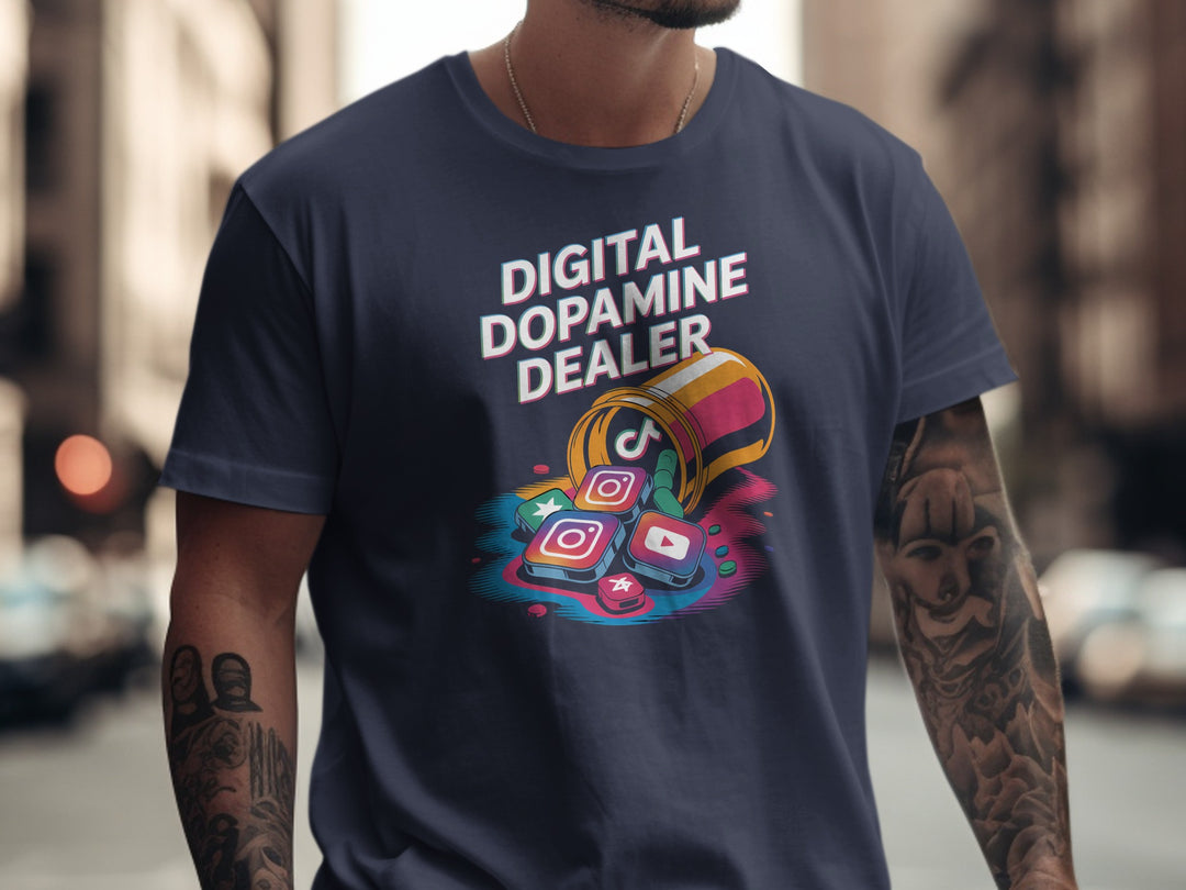 digital dopamine dealer t-shirt with pill bottle spilling app tiles — men’s graphic tee