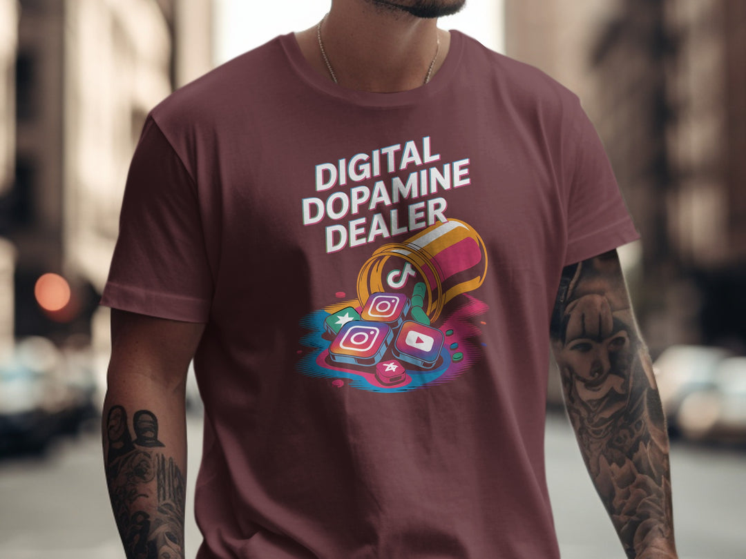 digital dopamine dealer t-shirt with pill bottle spilling app tiles — men’s graphic tee