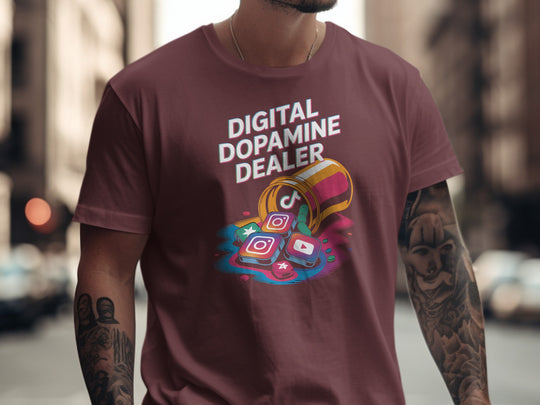 digital dopamine dealer t-shirt with pill bottle spilling app tiles — men’s graphic tee