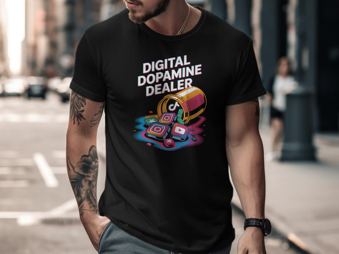 digital dopamine dealer t-shirt with pill bottle spilling app tiles — men’s graphic tee