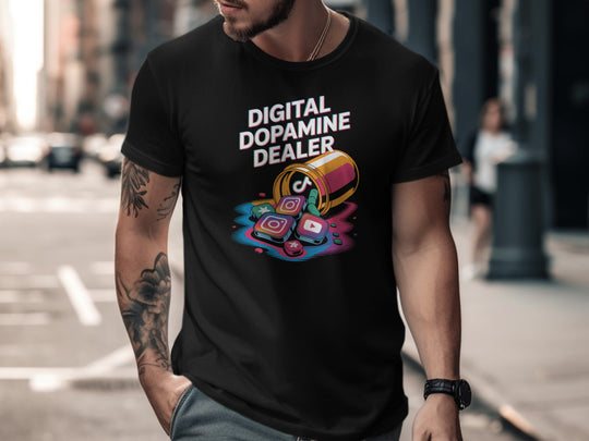 digital dopamine dealer t-shirt with pill bottle spilling app tiles — men’s graphic tee