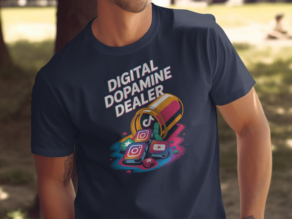 digital dopamine dealer t-shirt with pill bottle spilling app tiles — men’s graphic tee