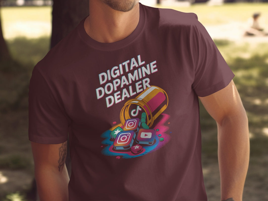 digital dopamine dealer t-shirt with pill bottle spilling app tiles — men’s graphic tee