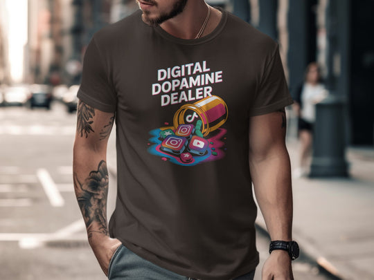 digital dopamine dealer t-shirt with pill bottle spilling app tiles — men’s graphic tee