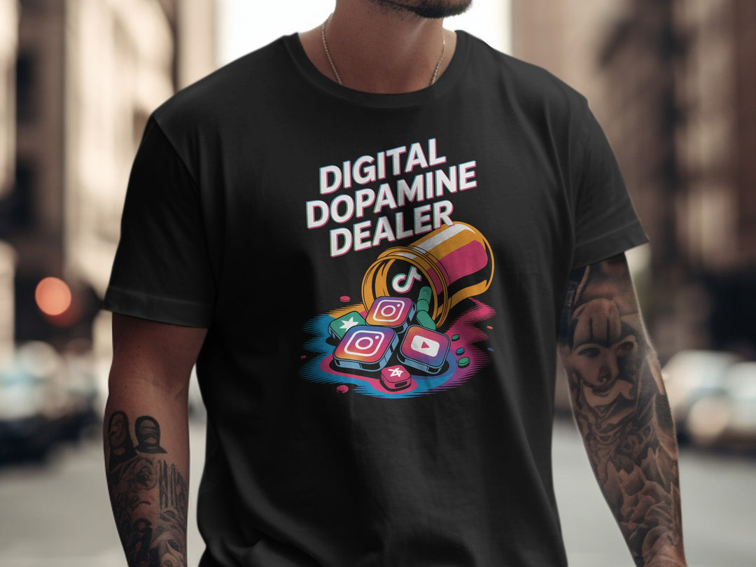 digital dopamine dealer t-shirt with pill bottle spilling app tiles — men’s graphic tee