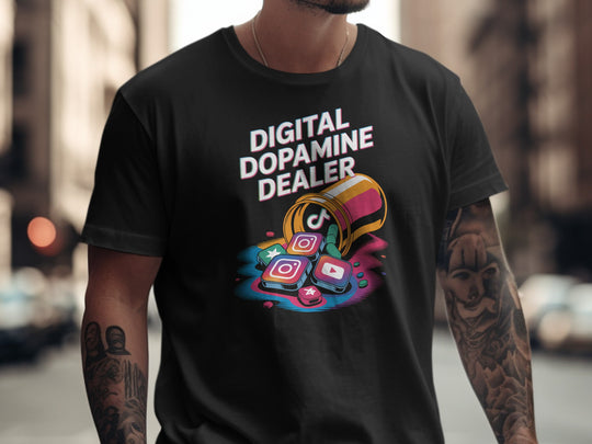 digital dopamine dealer t-shirt with pill bottle spilling app tiles — men’s graphic tee