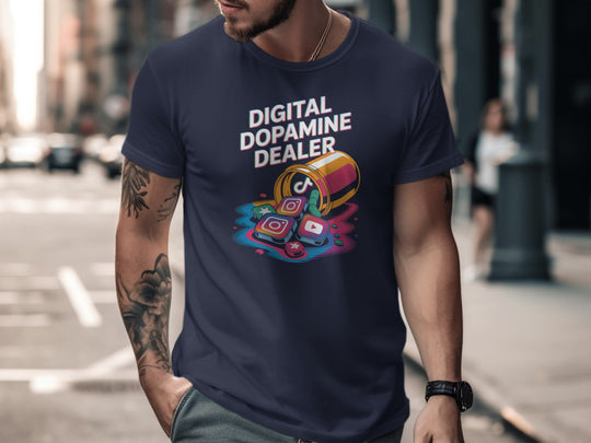 digital dopamine dealer t-shirt with pill bottle spilling app tiles — men’s graphic tee
